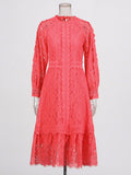 Bohemian 2025 Summer New Round-Neck Long Sleeve Zipper Design Solid Color Long Lace Dress