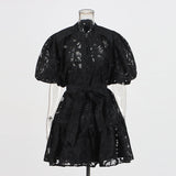 Round-Neck Dress 2025 New T-Bubble Sleeve Single-Button Vacation Leisure Belt With Sling Dress