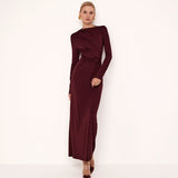 Women's Pure Color Waist Shrink Folding Long Sleeves Elegant Long Dress DJPT