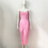 Open Fork Bra Feather Bandage Repair Body Elastic Party Mid-Long Dress Dress Dress