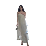 Beach Dress Seaside Tourism Vacation Chiffon Long Dress Folded Loose Sleeveless Slings Dress Dress Woman