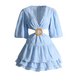 Retro Clodress 2025 Summer New V-Neck Lantern Sleeve Sexy High-Waisted Waist-High Waist Dress