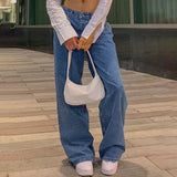 Burst Low-Rise Jeans Fashion Retro Straight Pants Loose Street Style Denim Trousers DJPT