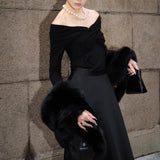 Zhao Sanguan 2024 New One-Word Shoulder Elastic Wrinkled Top Elegant Long-Sleeved T-Shirt