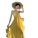 Seaside Travel Skirt Beach Dress Hanging Neck Yellow Sling Dress Woman