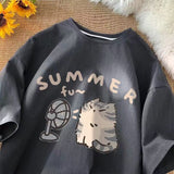 Cotton Shoulder Summer New Round Collar Short-Sleeved T-Shirt Cute Kitten Print Loose Blouse DJPT