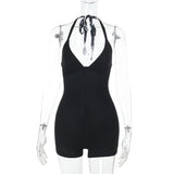 Women's Fashion Pure Color Sexy Back Shorts V Collar Hanging Neck Tight Shorts Jumpsuit DJPT