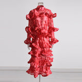 Court Style 2025 Summer Collar Long Horn Sleeve Design Lotus Side Hem Long Printed Dress