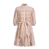 Luxury Wind Hollow Lace Splicing 2025 Summer New Lantern Sleeve Buckle Long Solid Female Dress