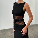 Women's Solid Color Translucent Hollow Lace Twist Belt Dress DJPT