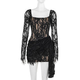 Autumn 2025 New Famous Style Temperament Sexy Lace Shens Waist With Long Sleeve Dress Woman DJPT
