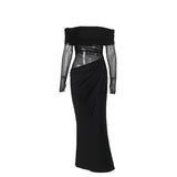 Summer 2025 New Long Dress Temperament Sexy Shoulder Mesh Yarn Hollow Dress Woman DJPT