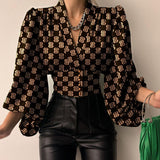 Explosion Spring New Temperament Button V Collar Lantern Sleeve T-Shirt DJPT