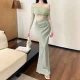 Shoulder Mesh Splicing Sexy Long-Sleeved Dress Woman 2025 Spring And Summer New Pure Lust Style Dress DJPT