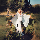 White Sexy Deep V Collar Horn Sleeve Lace Perspective Tight Tail Dress 1943 Maternity