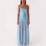 Personality Embroidery Beads Spliced Braided Dress Woman 2025 Summer New Open-Back Open Fork Waist Dress HZ0628