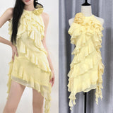 New Yellow Lotus Leaf Side Ribbon Hanging Neck Dress Flexible Girl Flower Vest