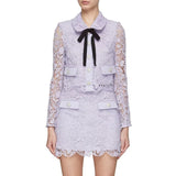 Star With Violet Hollow Water Lace Lace Lace Tie With Cardigan Top + Half-Body Skirt Set