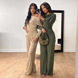 Women Solid Color Collar Shrink Fold Irregular Top Hanging Trousers Set DJPT