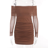 Mesh Yarn Shoulder Long Sleeves Folded Dress Female Summer Temperament Fashion Babes Skirt DJPT