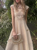 Wind Champagne Embroidered Dress Mid-Long Dress 2025 New Female Collar Bag Sleeve Design Waist Dress