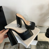 Year Thick High Heel Waterproof Waterproof Table Thick High Heel Transparent Water Drill High Heel Sandals Slippers 15 Cm One-Word Drag High Quality Shoes