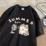 Cotton Shoulder Summer New Round Collar Short-Sleeved T-Shirt Cute Kitten Print Loose Blouse DJPT
