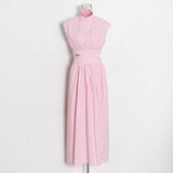 Leisure Dress 2025 Summer New Simple Style Collar Sleeveless Hollow Design Solid Female Dress