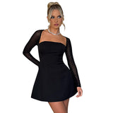 Women's Square Collar Mesh Long Sleeves After Wearing A Dew Elegant Dress DJPT