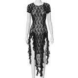New Women's Solid-Colored Round-Neck Short-Sleeved Lace Dress DJPT