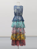 Retro Niche Print Cake Dress 2025 Summer New Hanging Neck Sleeveless Long Dress Woman