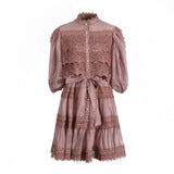 Luxury Wind Hollow Lace Splicing 2025 Summer New Lantern Sleeve Buckle Long Solid Female Dress