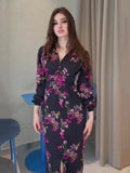 New Retro Print V-Neck Long Sleeves Open Waist Dress Female Summer Temperament Thin Dress