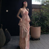 Flower And Haffin Dress Summer Temperament High-End Feeling Waist-Scared Slings Long Skirts
