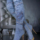 Cowboy Splicing Long Boots Women Summer Cold Boots Fish Mouth Fine Heel High Heels Thin Skinned Single Lady Sandals High Quality Shoes