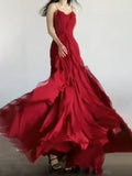 Mermaid Spaghetti Straps Red Chiffon Ruffles Birthday Dresses Long Prom Dress SD1160