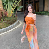 Vacation Photo Wearing Suit Women's Summer Sling Tie-Dye Skirt Design Small Long Dress Two Sets