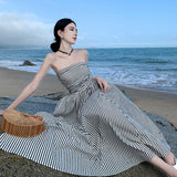 Summer New One-Word Collar Folds To Repair Height Waist A-Shaped Skirt Striped Beach Dress Woman