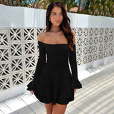 Women's Clothing 2024 Solid-Color Shoulder Horn Sleeve Dress DJPT