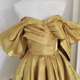 A line Off The Shoulder Yellow Satin Travel Vacation Dresses Short Birthday Dress SD1249