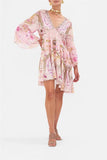 Niche Silk Silky Retro Court Print V Collar Horn Sleeves Loose Waist Small Flowing Dress