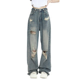 Ripped Jeans Women High-Rise Straights Loose Thin Design High Street Vibe Broad Leg Trousers DJPT