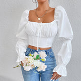 And Summer Women Pure White Long Sleeve Front Breast Strap With Bare Back Sexy Waist Shirt Crop Top DJPT