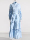 Famous Wind 2025 Summer New Lace Collar Long Sleeves Bare Waist Shirt High Waist Half Dress Solid Two Sets