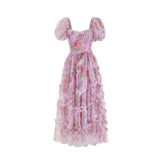 Summer British Tide Brand Dream Fairy Flower Net Collar Bubble Sleeves Wide Swing Flowing Dress Dress