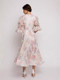 Style Dress 2025 Summer V-Neck Bubble Sleeves Mid-Sleeve Fresh Sweet Three-Dimensional Flower Print Dress