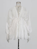 Niche Pure Lusty Fairy Dress 2025 Summer New Deep V Collar Lantern Sleeves Thin Tie Dress Dress Woman