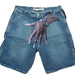 Hip-Hop Trend Pattern Print Denim Shorts Men's High Street Trendy Couple Casual Five-Point Pants DJPT