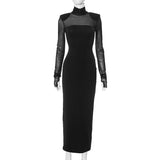 Women's Mesh Splicing Set Of Finger Long Sleeves High-Necked Ass Long Skirt DJPT