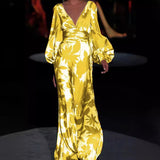 Spring And Summer New Women's Fashion Print Dress Sexy V-Neck Loose Waist DJPT